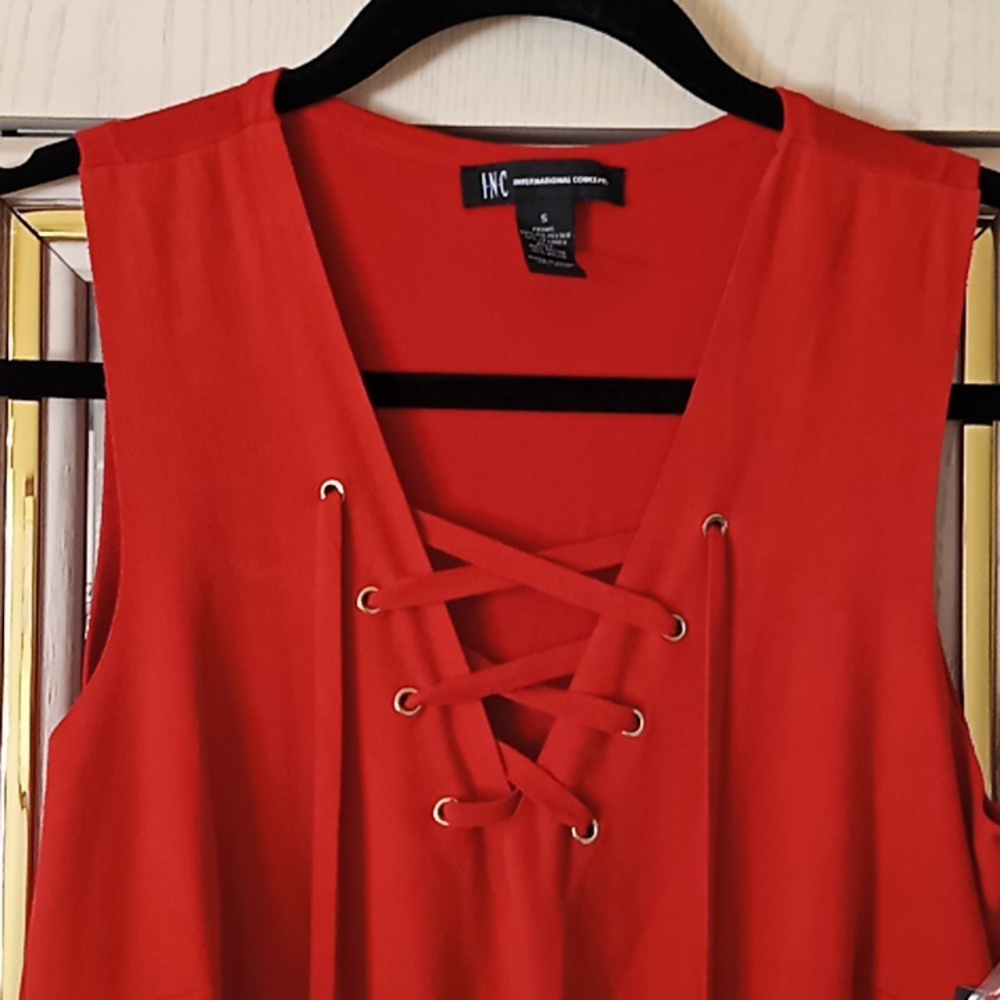 I.N.C Red Sleeveless Dress with Lace-Up Detail And Front Zipper Pockets. NWT. - Picture 2 of 13